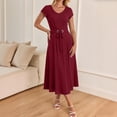thumbnail image 5 of ZQUUVOU Summer Dresses for Women Belted Waist Short Sleeve Midi Dress Casual Soft Breathable Elegant Summer Office Daily Wear Burgundy, 5 of 5