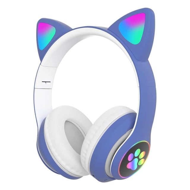 Audífonos Gaming Bluetooth 5.0 Con Orejas RGB Luz LED manos libres Diadema Ajustable 7h Baterían Color azul