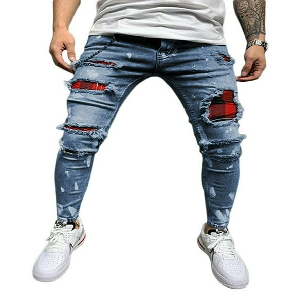 Men’ s High Waist Ripped Slim Fit Jeans