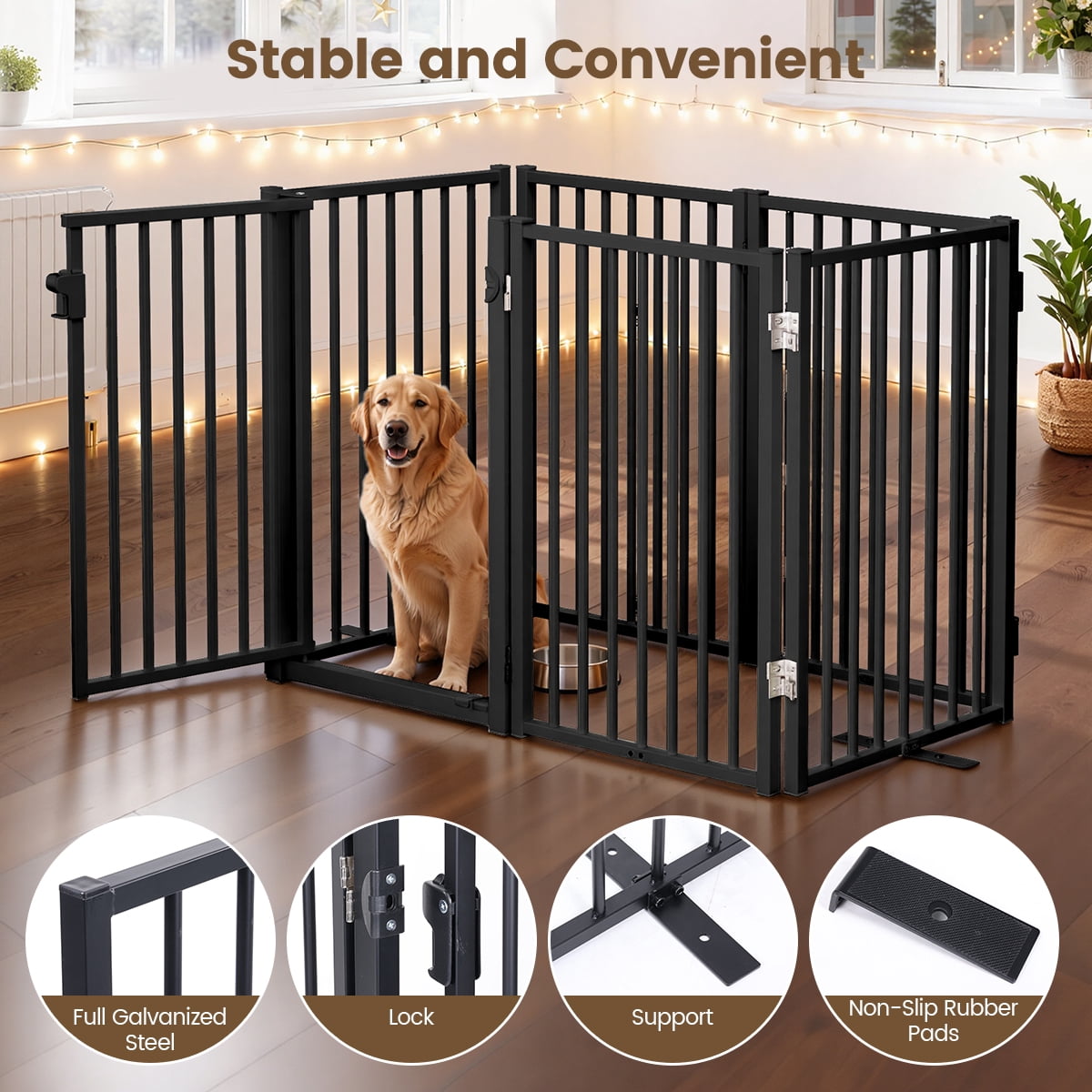 Dog Gate, Domipet 6 Panels Pet Gate Freestanding, 120''Extra Wide Dog Gate 32''Height Pet Playpen for Doorways, Black