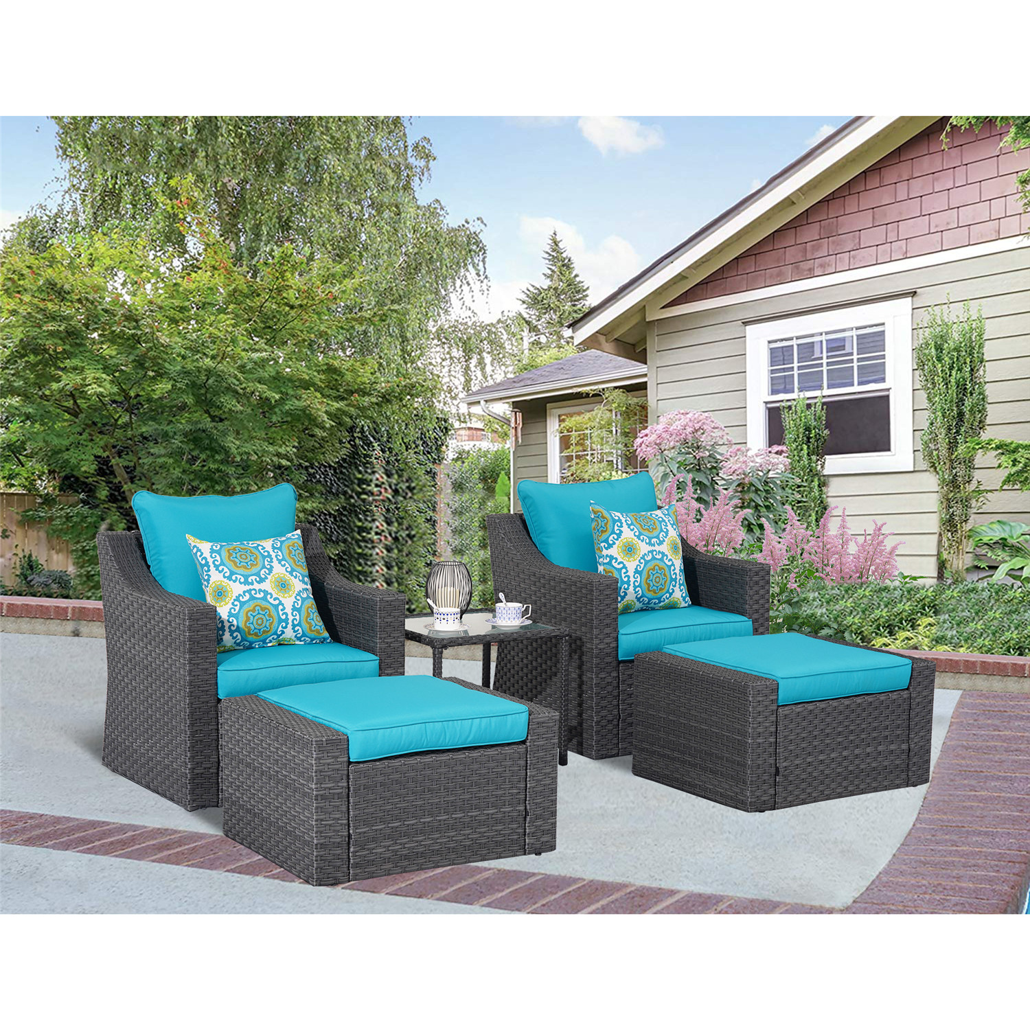 Superjoe 5 Pcs Outdoor Patio Furniture Set All Weather PE Rattan Wicker Chairs with Ottomans and Side Table,Blue - image 3 of 7