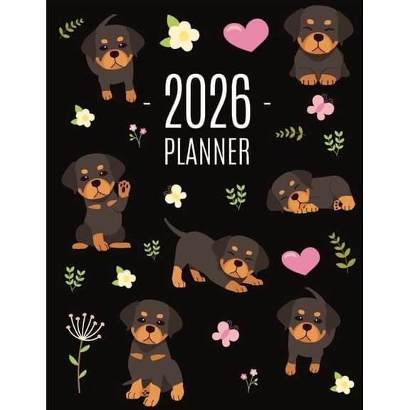 Rottweiler Planner 2026: Organizer: January-December (12 Months) Cute Dog Year Scheduler with Pretty Pink Hearts, (Paperback)