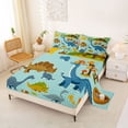 thumbnail image 2 of Metsweet Cartoon Dinosaur Queen Sheets 4 Pieces, Geometric Checkered Queen Sheet Sets, Blue Brown Yellow,1 Fitted Sheet, 1 Flat Sheet and 2 Pillowcases, 2 of 5