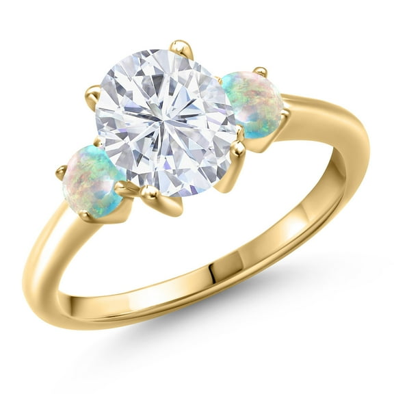 Gem Stone King 10K Yellow Gold White Moissanite and Simulated White Opal Engagement Ring for Women | 2.60 Cttw | Oval 9X7MM | Gemstone Birthstone | Size 8