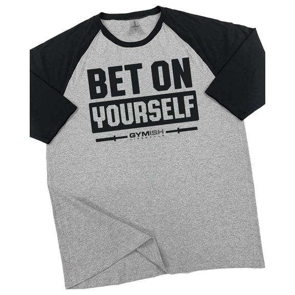 GYMISH Raglan Bet on Yourself Workout T-Shirt for Men – Funny Gym Shirt, Mens Fitness Tee, Motivational Gym Clothes, Workout TShirt for Men