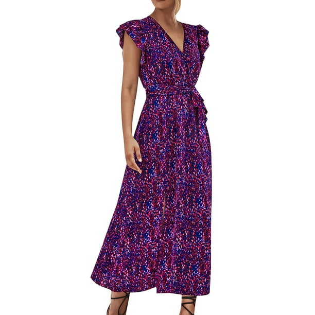 Gibobby Vestido Causal para Mujer de Verano Vestidos casuales de verano para mujer Vestido de manga corta con estampado de flores Vestido casual de playa(Morado,M)