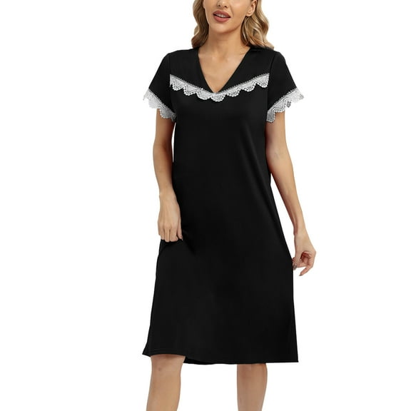 Miyanuby Nightgown for Womens Short Sleeve Nightshirt V Neck Sleepwear Lace Comfy Sleep Gowns, S-2XL