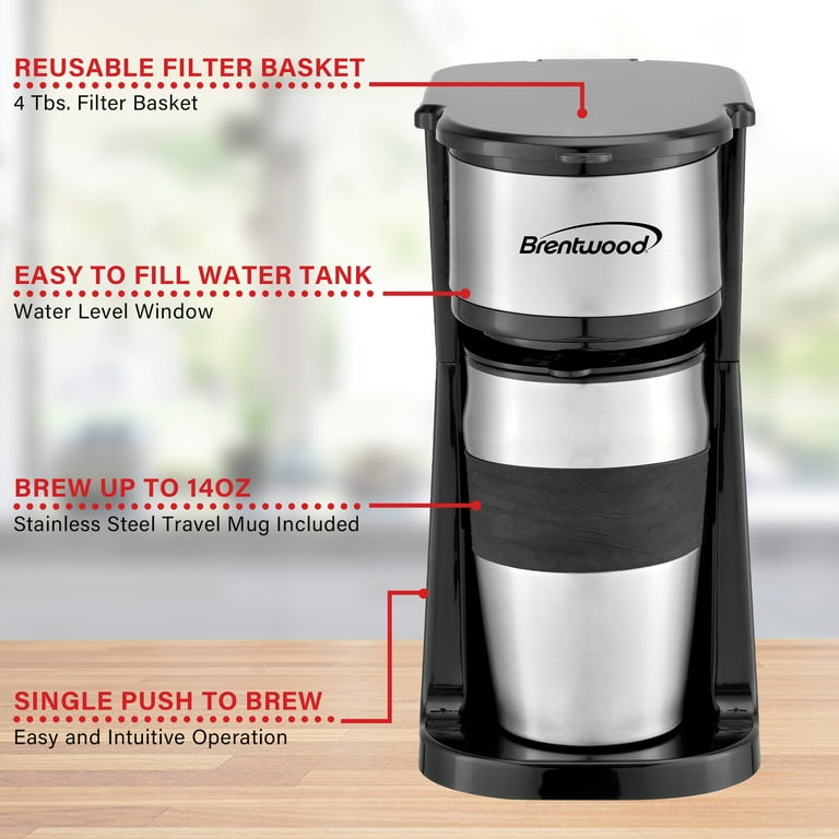 Brentwood Single Serve Coffee Maker, 14 Oz Travel Mug, Soft Pods