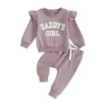 thumbnail image 2 of Baby Girl 2Pcs Fall Outfits 6M 12M 18M 24M 3Y Ruffle Long Sleeve Letter Embroidery Sweatshirt + Pants Set Toddler Clothes, 2 of 10