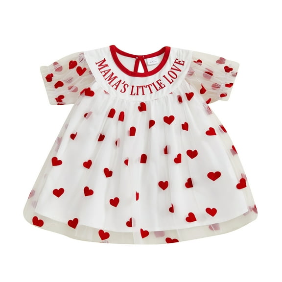 Okbabeha Baby Girls Valentine's Day Mesh Dress Heart Print Puff Sleeve Tulle Dress Birthday Outfits