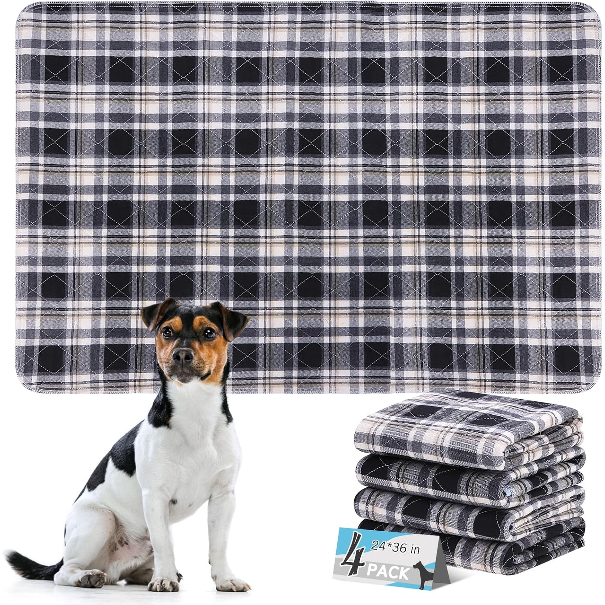 Washable Pee Pads for Dogs - 24”x36” 4PCS, Whelping Pad for Puppy Training, Playpen Crate Bed Floor Protector, Reusable Dog Potty Pads Non-Slip, Super Absorbent & Odor Controlling, Black Plaid