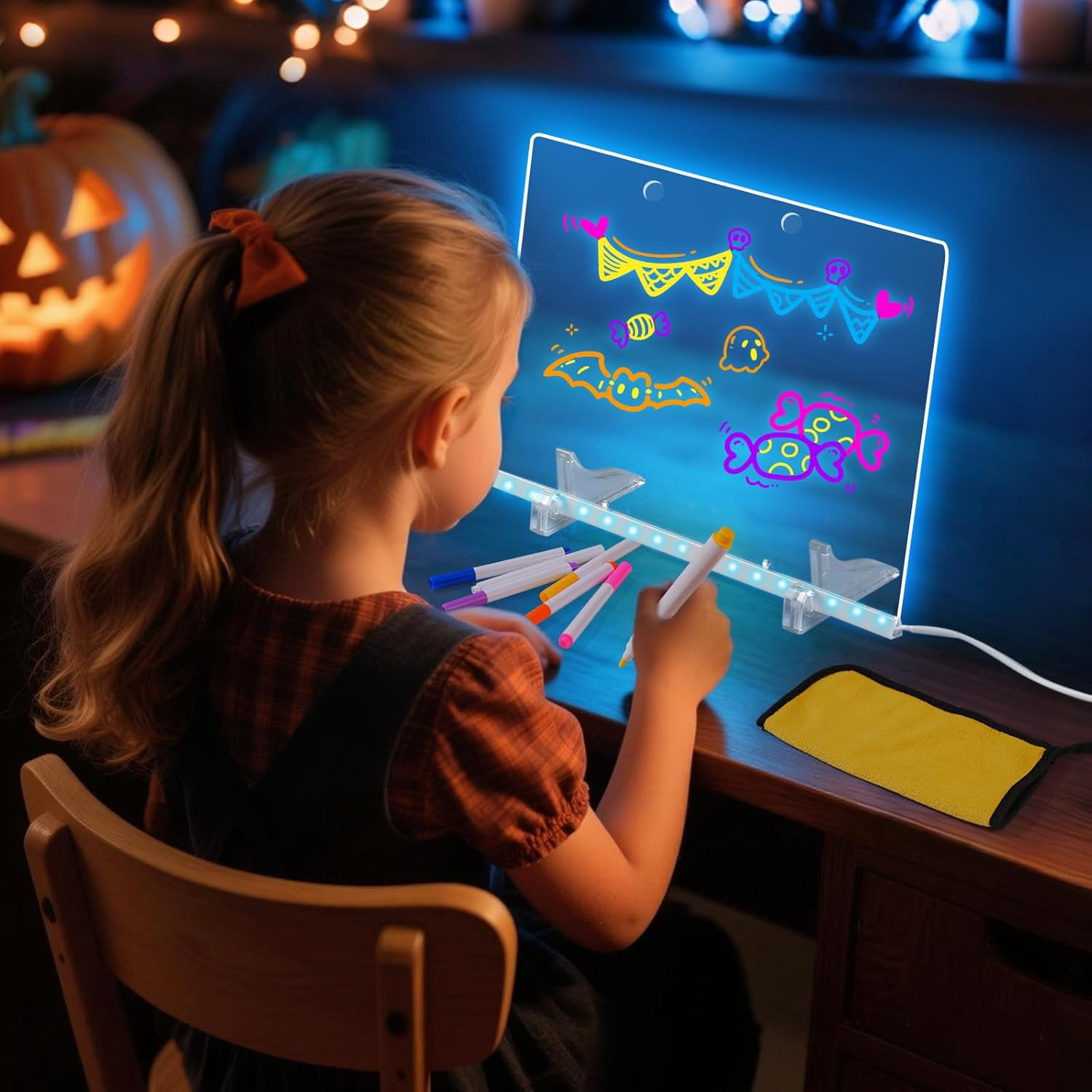LED Note Board with Colors, 13.7"X10" 4 Modes & 7 Colors Acrylic Dry Erase Board with Light,Birthday, Halloween and Christmas gifts