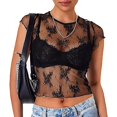 thumbnail image 6 of Women's Sheer Mesh Cap Sleeve Crop Top Crewneck Summer Sexy Lace See Through Blouse Shirts, 6 of 8