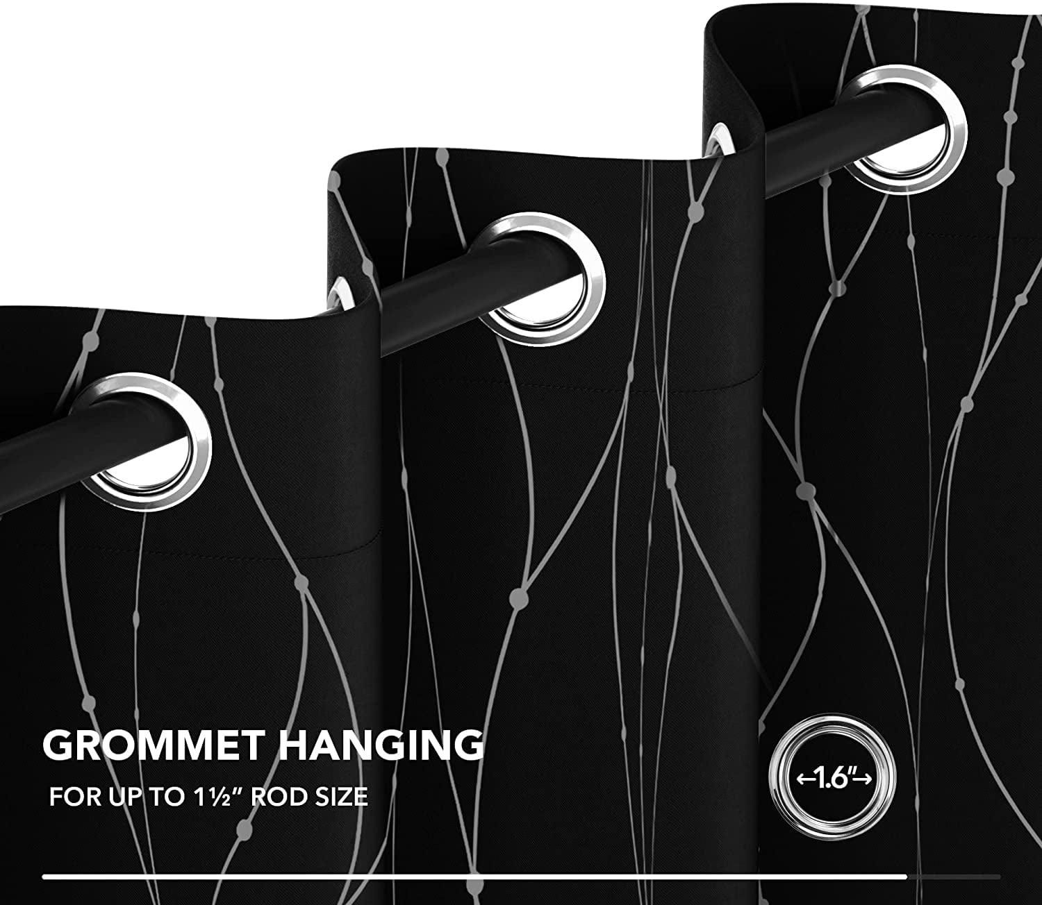 Bailu Black Blackout Curtains for Living Room, Curtains 84 Inch Long - Grommet Pattern Curtains with Wave Dots and Line (52 x 84 Inch, Black, 1 Panels)