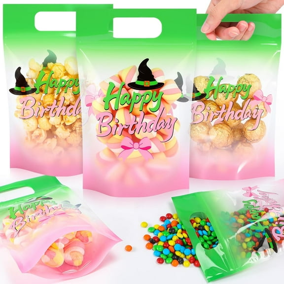 50 Pcs Pink and Green Birthday Bags Double-sided Print Plastic Bags with Handles Resealable Theme Sealed Pouch for Baby Shower Candy Gift Wrapping Supplies Decor(Pink and Green Birthday)