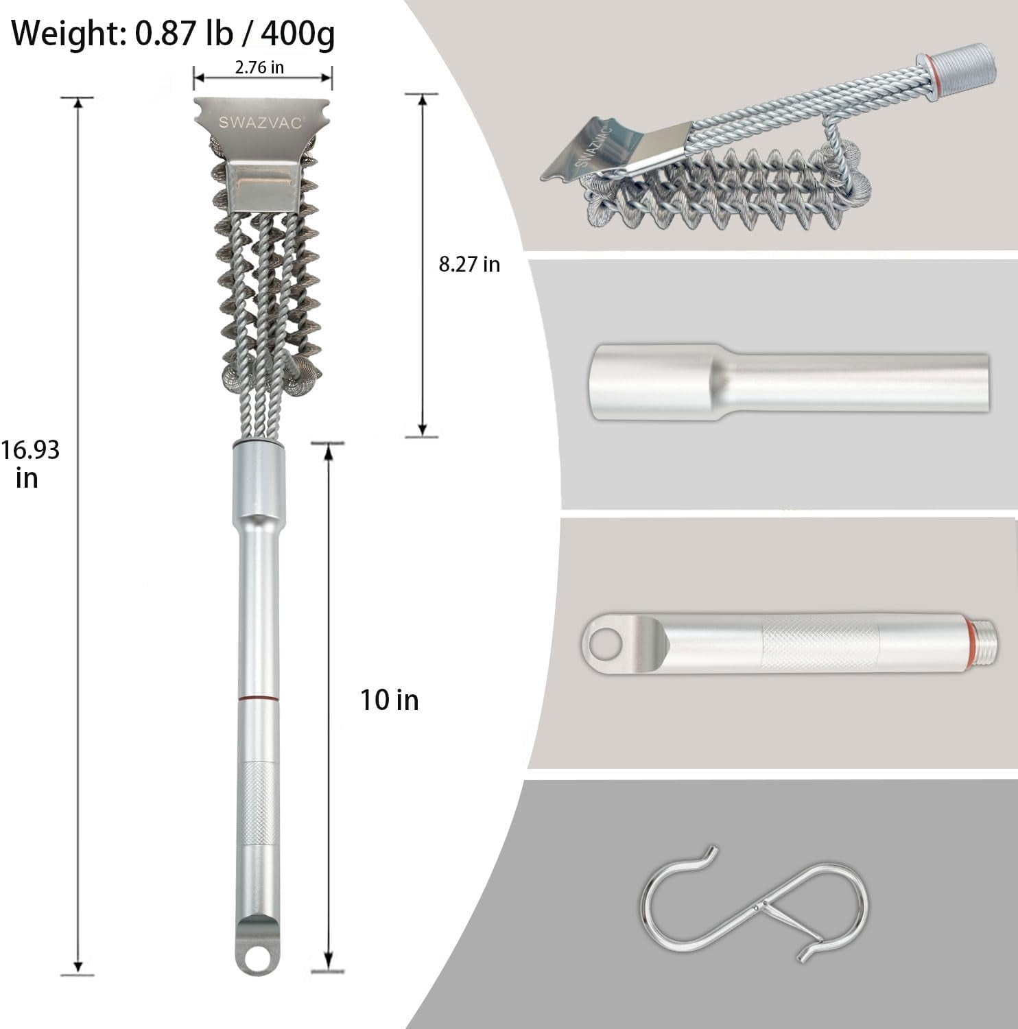 SWAZVAC 3-in-1 Bristle-Free Stainless Steel BBQ Grill Cleaner with Scraper, Detachable Aluminum Handle & Lockable S-Hook