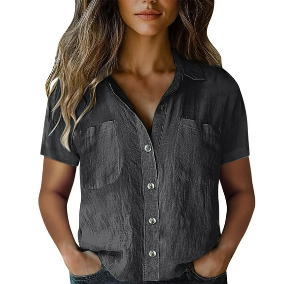 Yubnlvae Dark Gray Women Cotton Shirt Printed Fashion down Shirts Casual Tops Short Sleeve Blouse, L