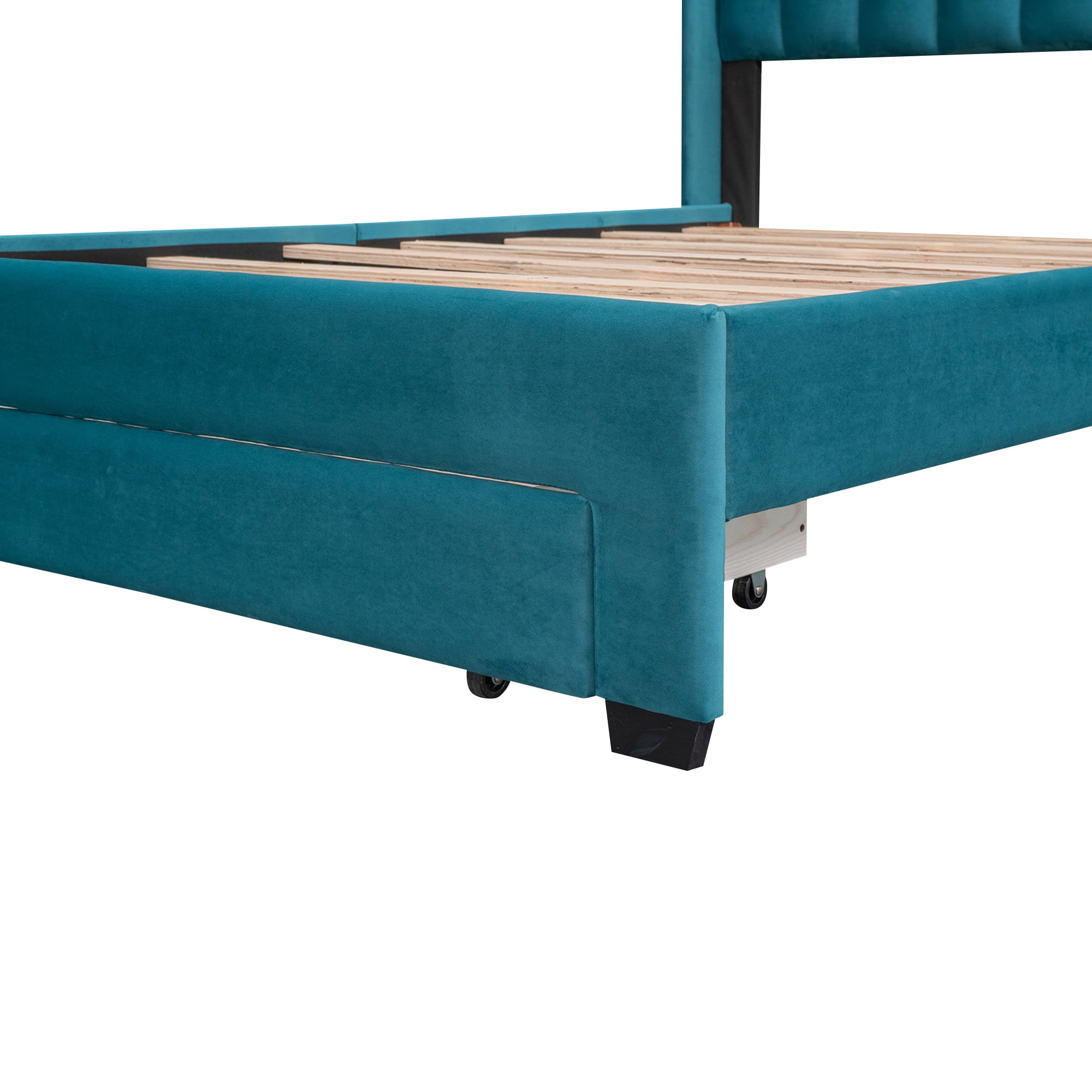 Leumius Full Size Platform Bed with A Storage Drawer,Velvet Upholstered Bed Frame with Wingback Vertical Channel Tufted Headboard,Blue