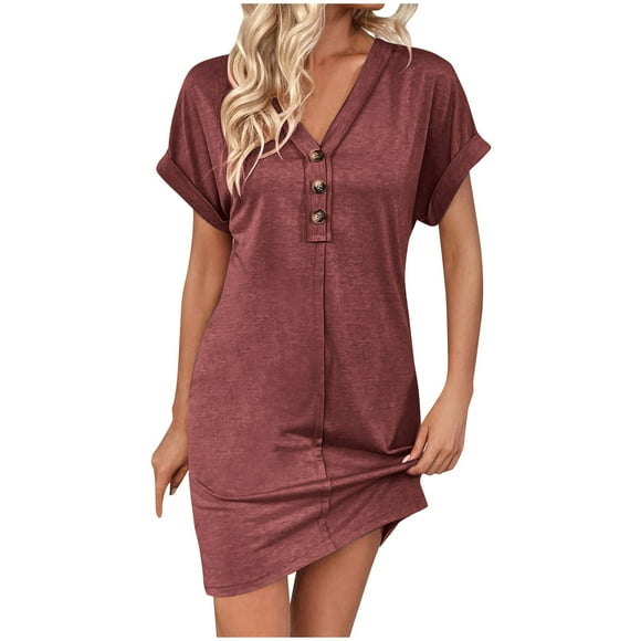 yoeyez Womens Summer Dresses 2025 Rolled Short Sleeve V Neck Buttons Dresses Solid Color Pleated Short Dress Flowy A-Line Sundress Red,XL