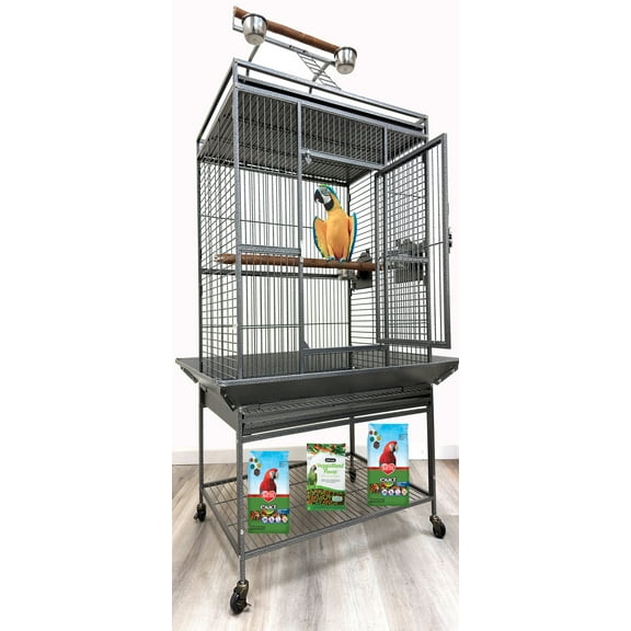 X-Large Elegant and Durable Wrought Iron Play Perch Stand Ladder Top Bird Parrot Rolling Metal Cage, Include Stainless Feed Cups Natural Wooden Stand Perch Seed Guard