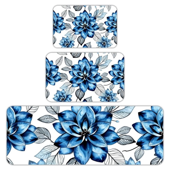 RKSupls Kitchen Rug Set 3 Piece Anti-Slip Flannel Floor Mats, Blue Floral Pattern Washable Absorbent Runner Mats for Kitchen Bathroom Home Decor
