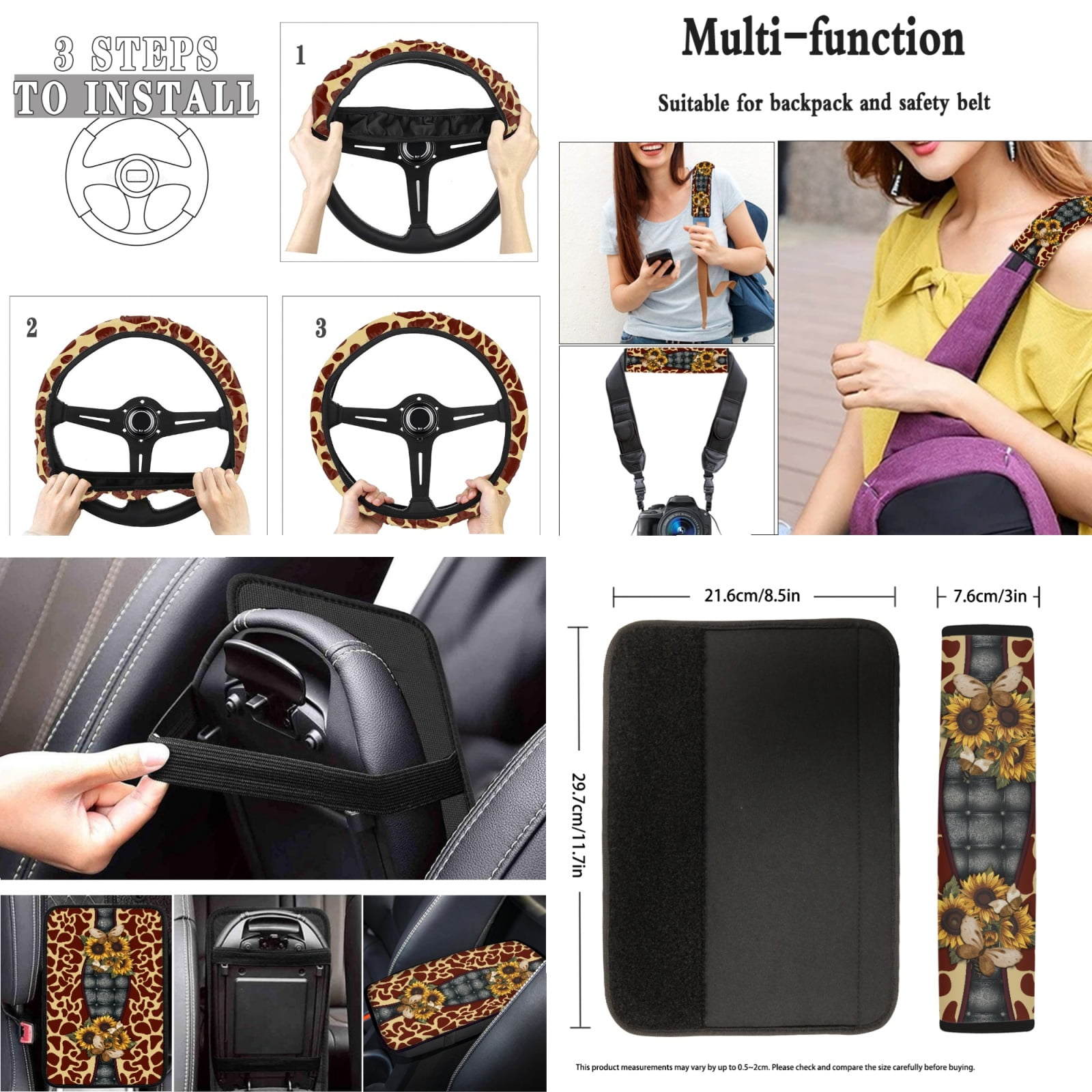 Jeiento Butterfly Car Seat Cover Full Sets Car Front and Back Floor Mats Steering Wheel Covers Armrest Cover Sunflower Car Seat Belt Covers Coaster Keychain 17pcs Auto Accessories Set for Woman Men