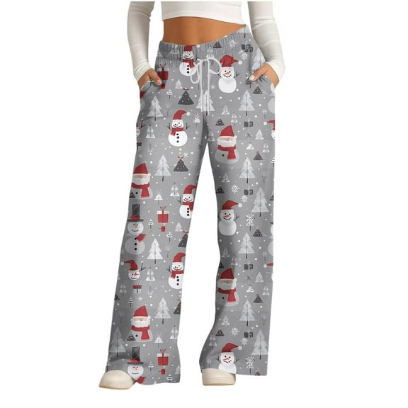 Cavosen Christmas Baggy Pants Women Wide Leg Trousers with Pockets Santa Graphic Elastic Waist Bottoms Holiday Pants