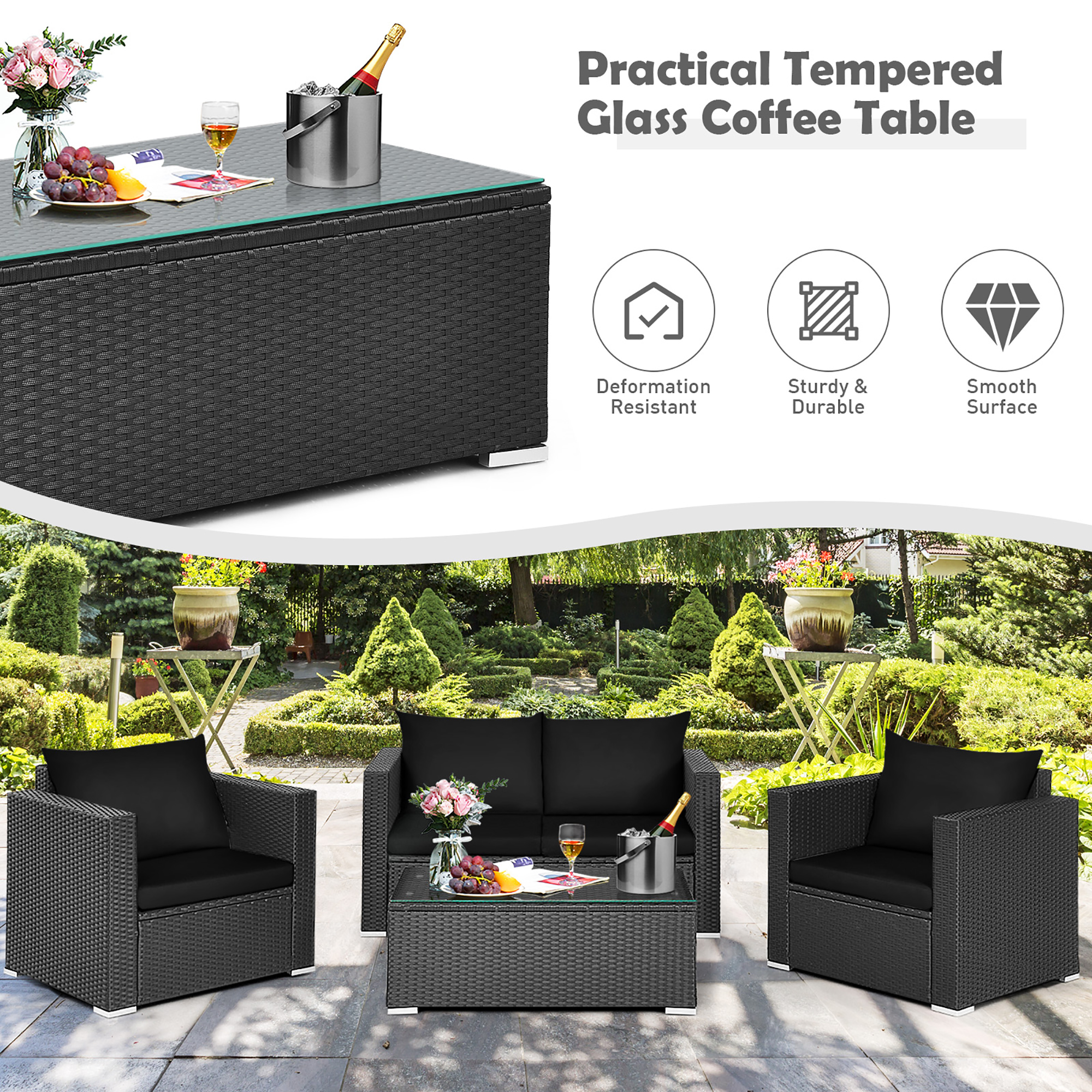 Costway 4PCS Patio Rattan Furniture Set Cushioned Sofa Chair Coffee Table Black