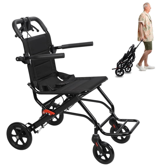 XiHe Foldable Lightweight Manual Transport Wheelchair for Adults & Elderly, Narrow Doorway Access, 220lbs Capacity, with Push Bar & Pull Handle – Ideal for Travel & Easy Mobility