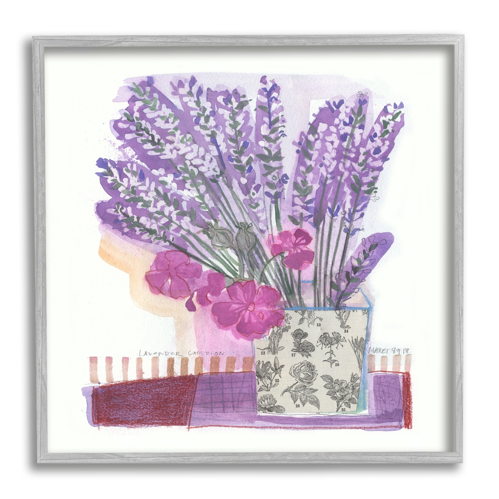 Stupell Industries Collaged Lavender Sprigs Bold Mixed Flower Blossoms Painting Gray Framed Art Print Wall Art, Design by unknown