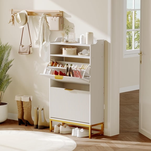 Fluted Shoe Cabinet Storage for Entryway Wood Shoe Rack with 2 Flip Drawers and Open Shelf Modern Entryway Organizer for Foyer/Hallway/Entrance -White