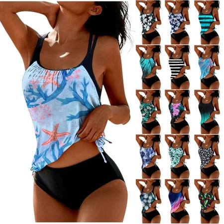 ZVAVZ Tankini Swimsuits for Women Summer Two Piece Modest Bikini Sets Print Graphic Swim Tank Top with Boyshorts Ladies Summer Beach Swimwear Clearance Black XL