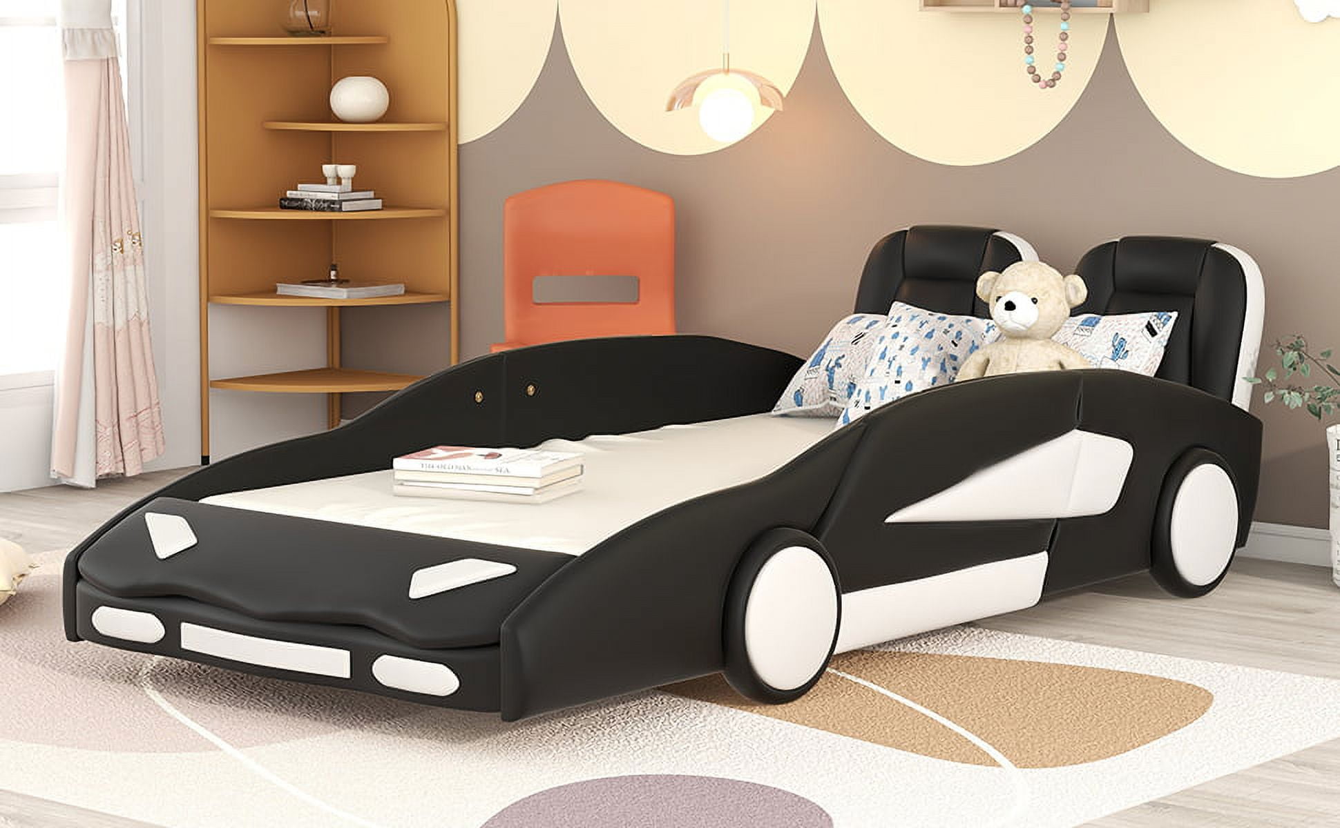 Yoneston Kids Twin Size Race Car-Shaped Platform Bed with Wheels, Faux Leather Upholstered Bed Frame Good for Toddler, Black