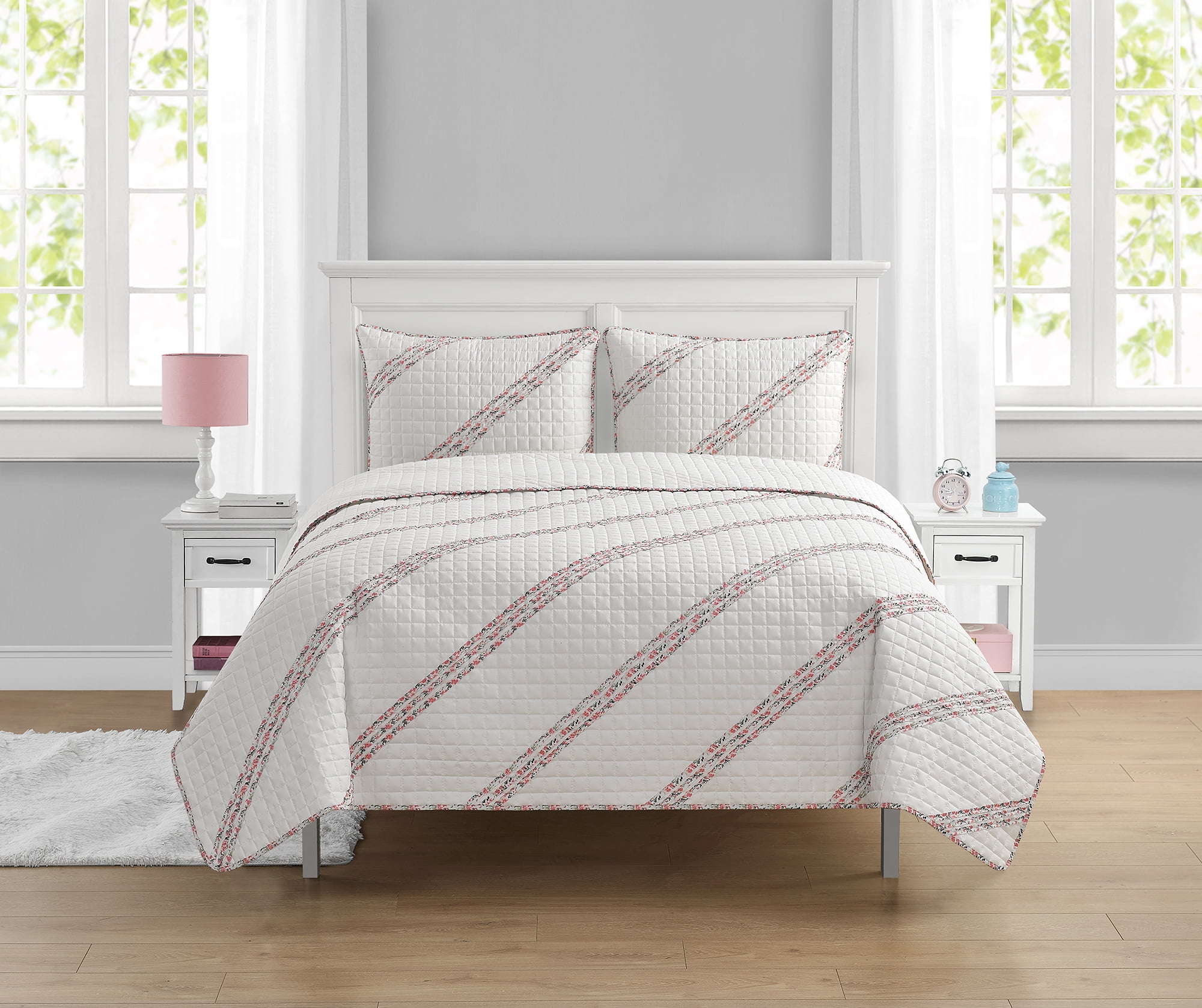 Your Zone 3 Piece Pink Floral Applique Quilt Set Full/Queen - Walmart.com