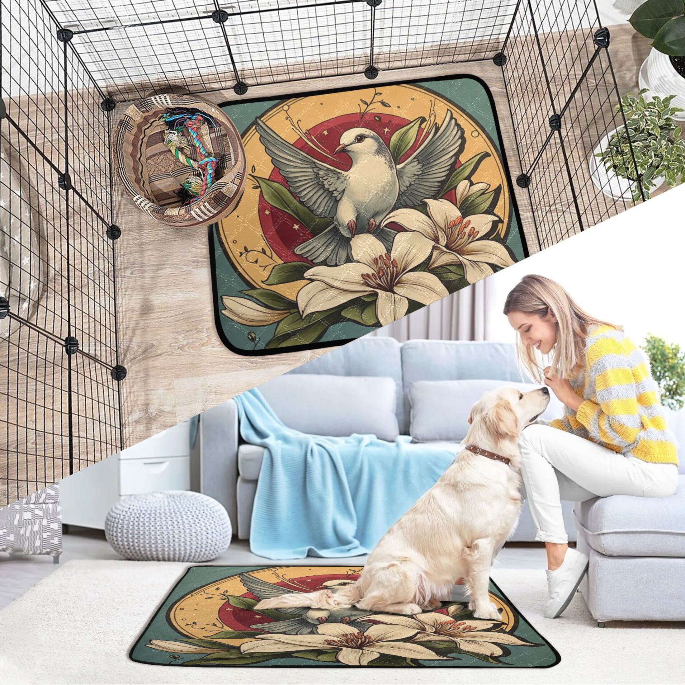 Qxltty Illustration Of A Dove Of Peace with White Lily Cat litter Pads Pet Set of 3 Diaper Mats Center Anti-leakage Layer Absorbent Soft and Comfortable