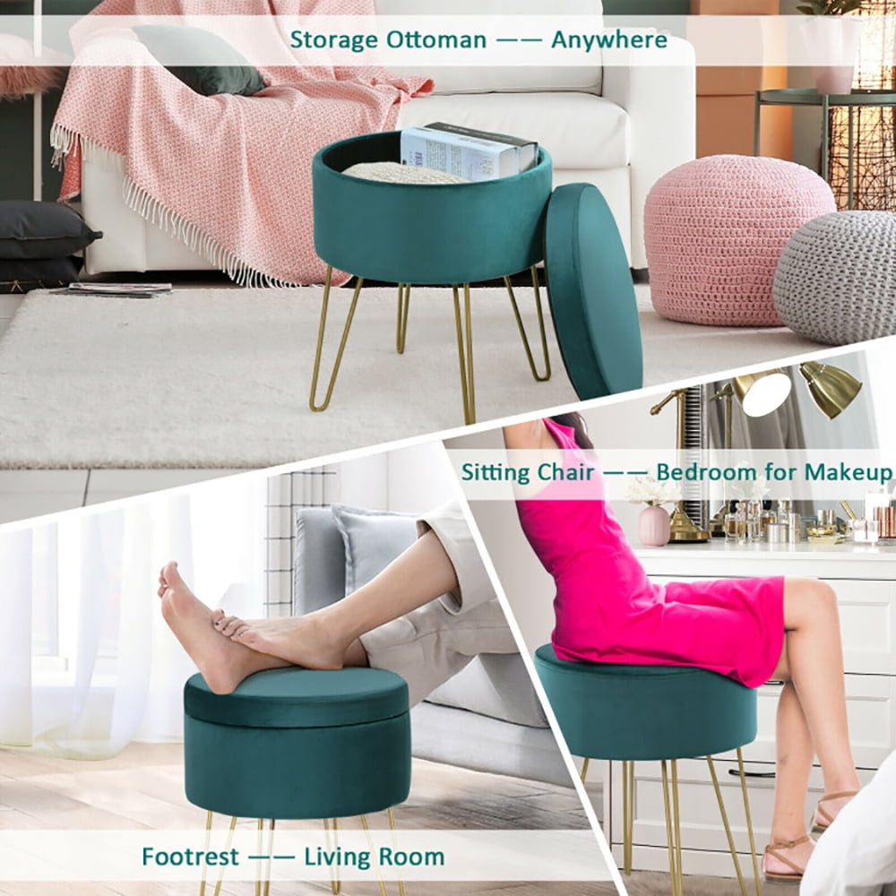 Finihen Round Velvet Storage Ottoman, Footrest Stool, Vanity Chair with Metal Legs, for Living Room, Bedroom, Dark Green Finihen Round Velvet Storage Ottoman, Footrest Stool, Vanity Chair with Metal Legs, for Living Room, Bedroom, Dark Green