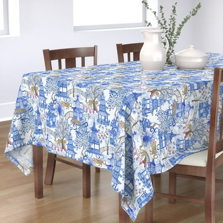 

Cotton Sateen Tablecloth 70 x 108 - Party Leopards Pagoda Forest Chinese Lanterns Leopard Blue White Toile Chinoiserie Print Custom Table Linens by Spoonflower
