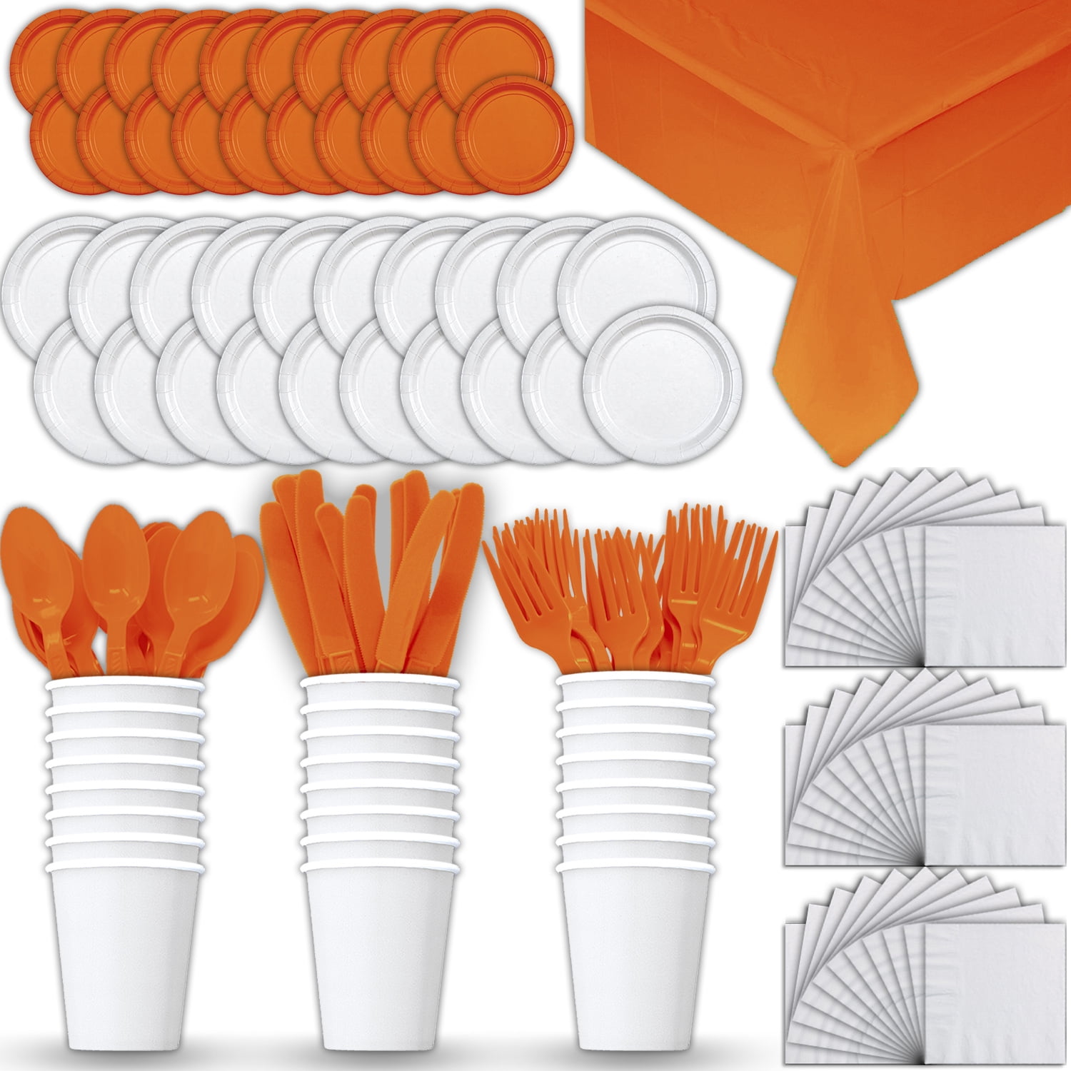 Paper Tableware Set for 24 White & Orange Dinner and Dessert Plates