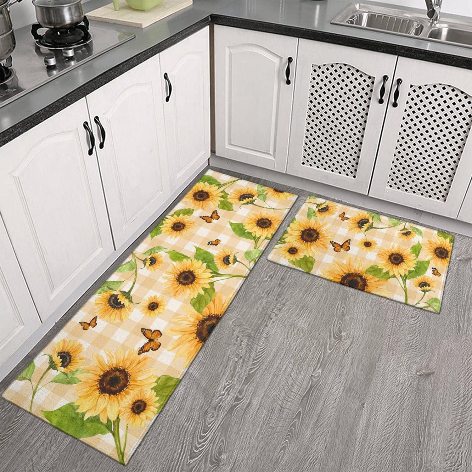 Logieut Sage Green Kitchen Mat Rug Set of 2- Plant Floral Butterfly Kitchen Rugs with Runner Kitchen Decor Accessories Things, Kitchen Rug Mat- Leaves Rugs