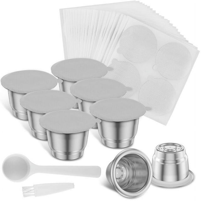 Qenwkxz 6pcs Reusable Espresso Capsules 304 Stainless Steel Refillable Coffee Pods with 200 Aluminum Foils Seals Reusable Coffee Capsule Kit with Brush Spoon for Some Portable Coffee Machines