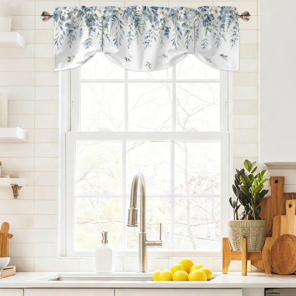 Tie Up Curtain Valances Blue Eucalyptus Leaves Floral,Rod Pocket Shade Valance Adjustable Curtains Vintage Farm Foliage Window Treatment for Kitchen Bathroom Living Room Windows,42x12in