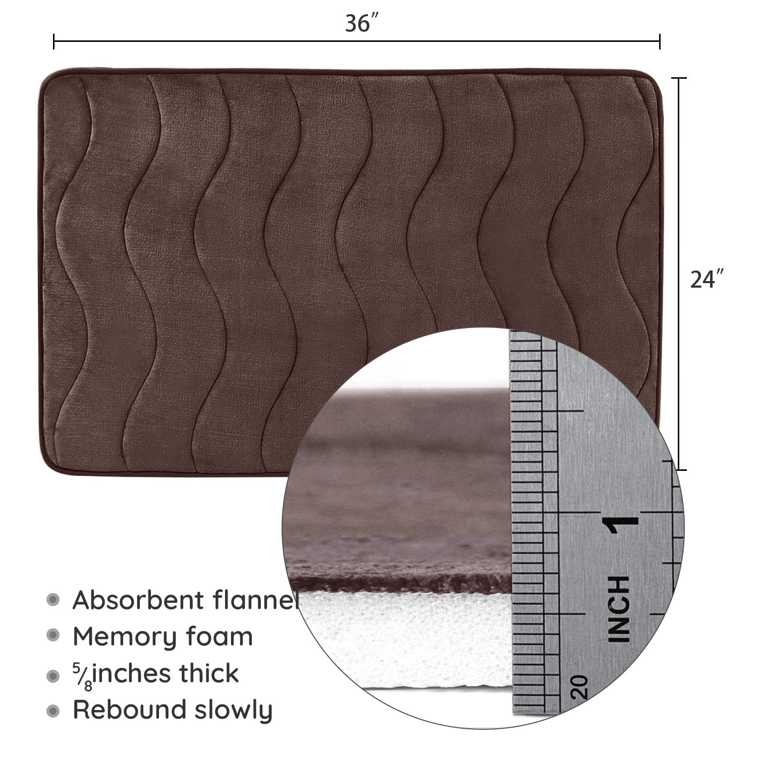 Astarin Quick Dry Bath Waved Brown Memory Foam Bath Rug, 24" x 36", Non-Slip Backing