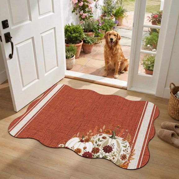 Thanksgiving Pumpkin Diatomaceous Earth Bath Mat, Rustic Farmhouse Terracotta Linen Texture Scalloped Non-Slip Quick Dry Door Mat Super Absorbent Bath Rug for Bathroom Kitchen Laundry 16x24in