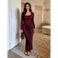 thumbnail image 5 of Women Bodycon Maxi Dress Ruched Long Sleeve Long Dress Cocktail Party Dresses Wine Red M, 5 of 8
