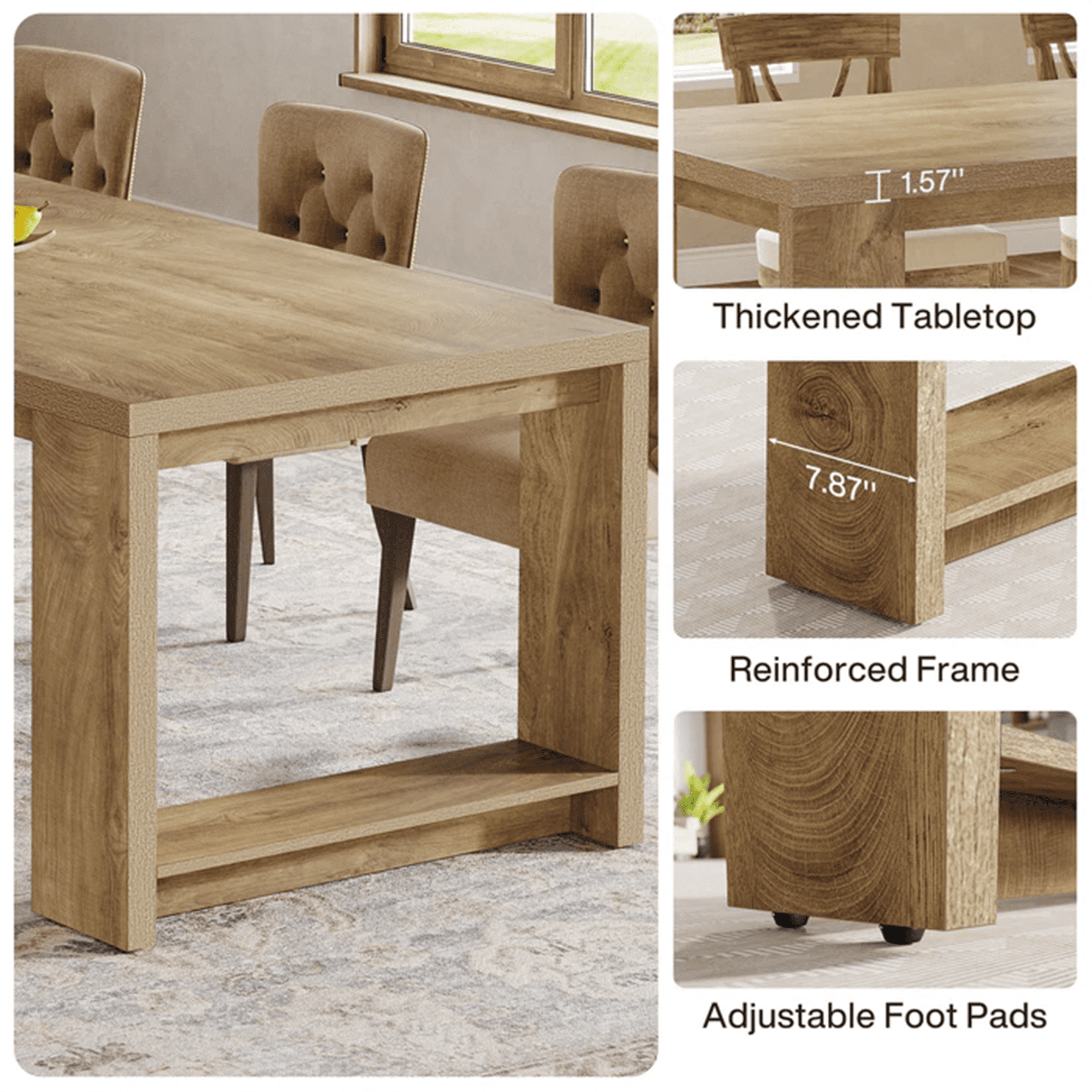 86 Inch Farmhouse Dining Table, Rustic Large Kitchen Table For 8-10 People, Solid MDF Dinner Table With Oak Finish, Versatile Table For Home & Office Gatherings