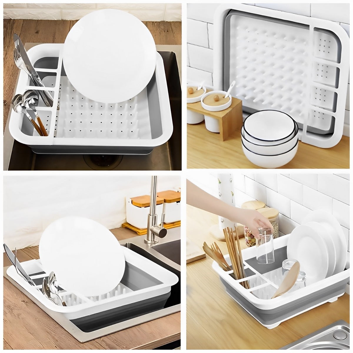  Masirs Pop-Up Collapsible Dish Drying Rack: Convenient  Storage, Drains into Sink, Eight Large Plate Capacity, Sectional Cutlery  and Utensil Compartment. Compact and Portable Design.