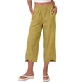 thumbnail image 3 of Linen Capri Pants for Women Elastic High Waist Tulip Hem Capris Loose Wide Leg Beach Cropped Trousers with Pockets Yellow L, 3 of 9