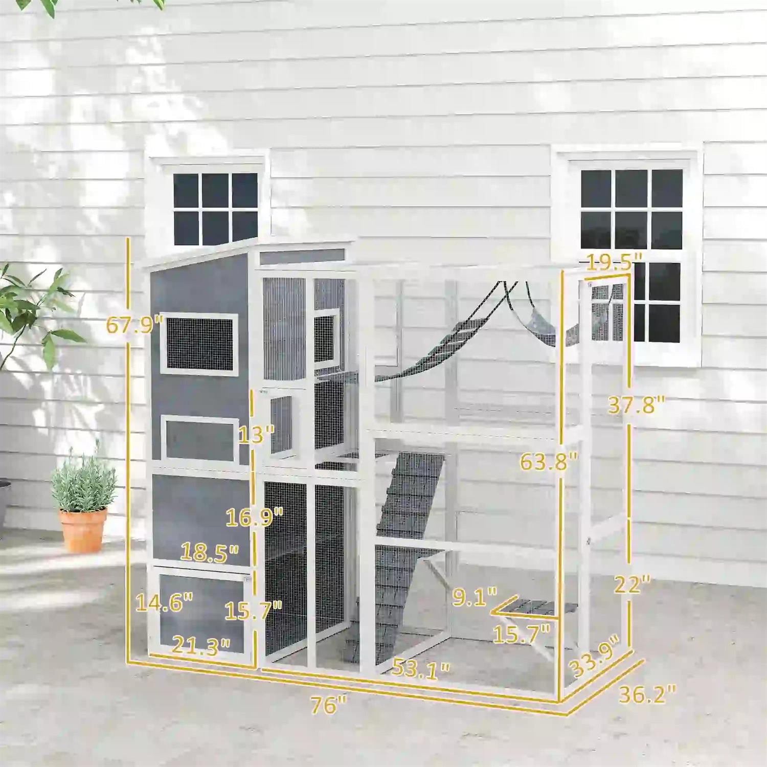 Pefilos 76" Outdoor Weatherproof Cat Cage with Platforms, Hammock, Ramps, Wooden Catio House for 2-3 Kittens Cats, Indoor Cat Enclosure, Gray
