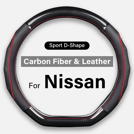 For Nissan Altima/Maxima/Rogue/Versa/Sentra/Kicks/Pathfinde D-Shape Steering Wheel Cover - Black Red Carbon Fiber & Leather Sport Flat Bottom Steering Protector,Breathable & Anti Slip, Comfort Grip