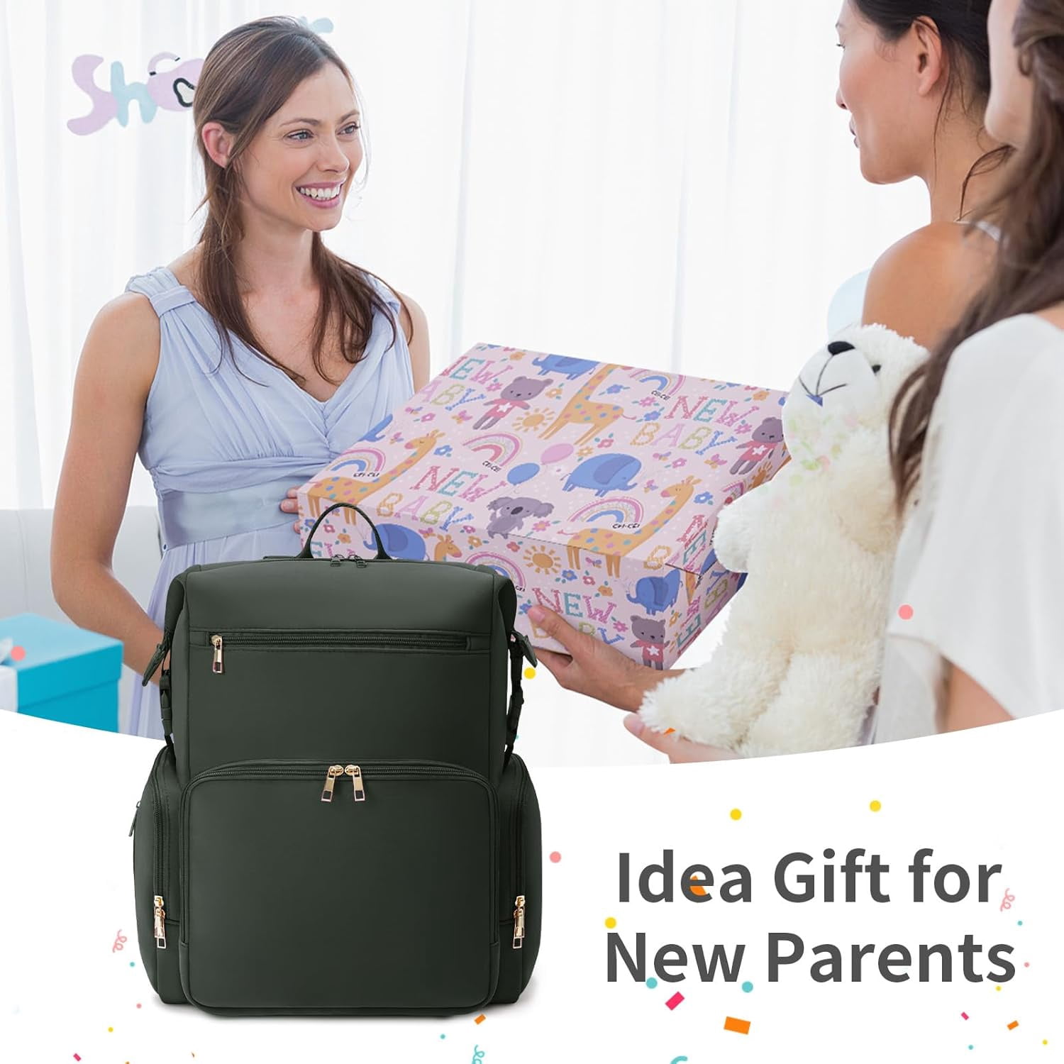 Diaper Bag Backpack for Mom/Dad with Changing Pad, Multi-Function Neoprene Large Newborn Baby Maternity Bags Travel Tote with Insulated Pockets Green